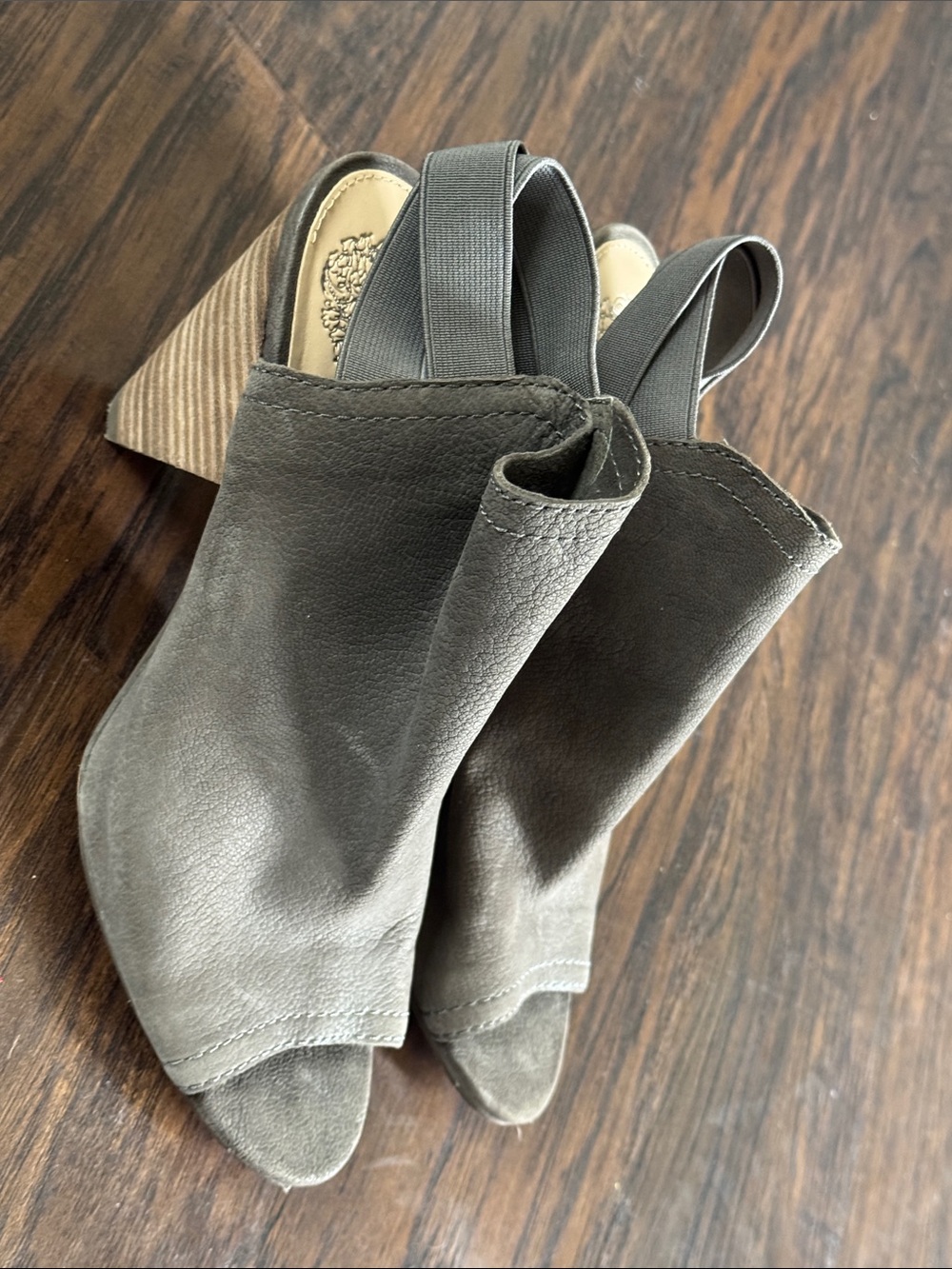 Vince Camuto Grey Taupe Suede Open-Toe Slingback Stacked Heels